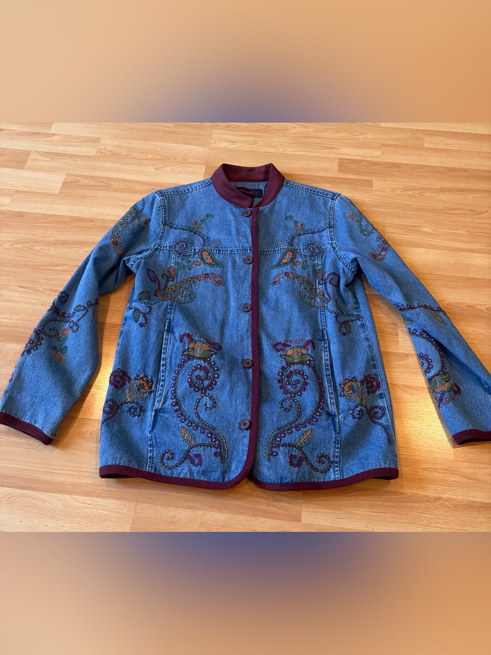 Denim & Co Vintage Embroidered  Floral/Paisley Denim Jacket